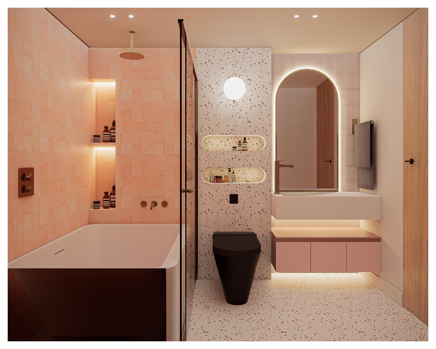 Baño en tonos rosados con terrazo y tina de inmersión