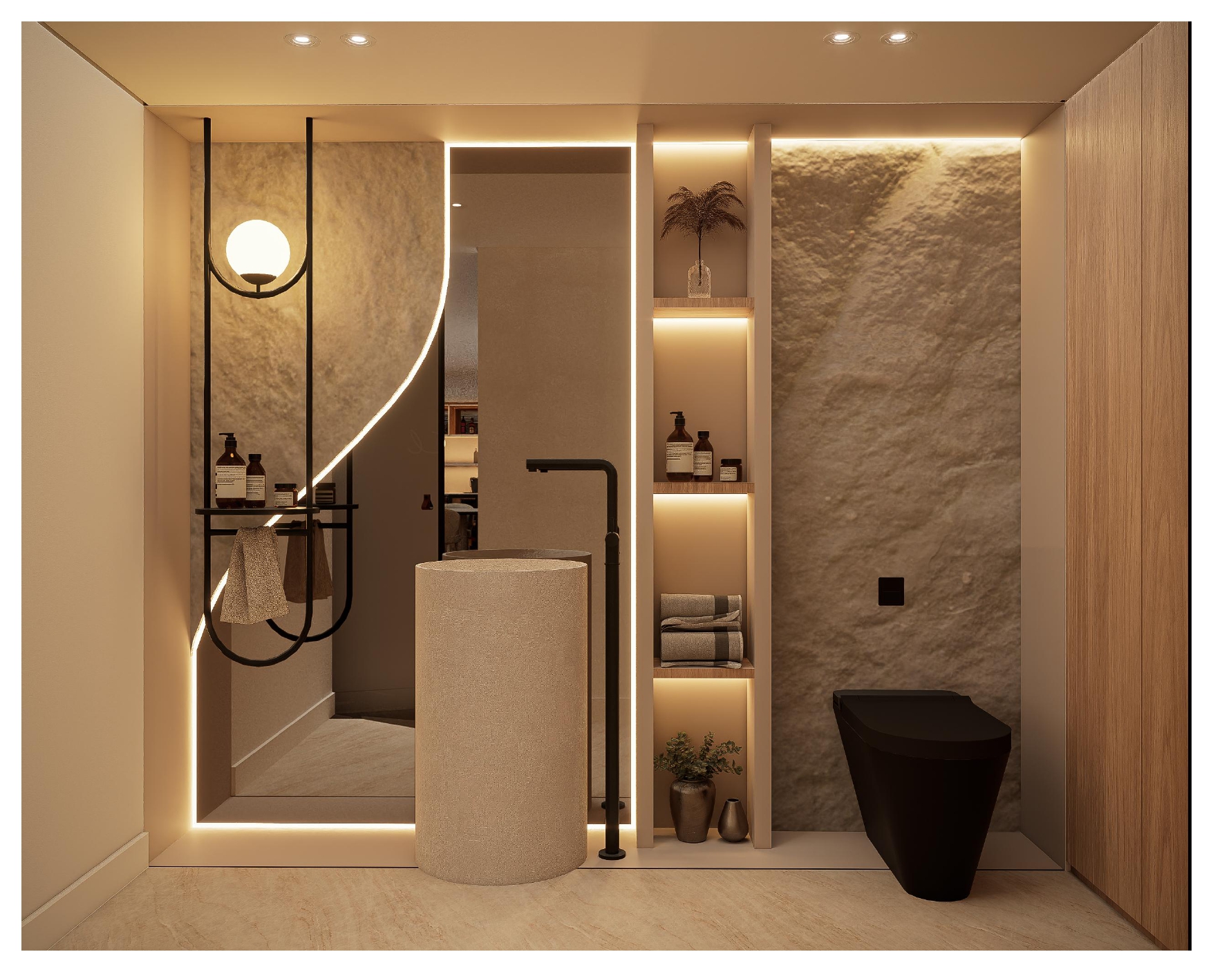 Baño social con muro de piedra, lavabo cilíndrico y detalles en negro