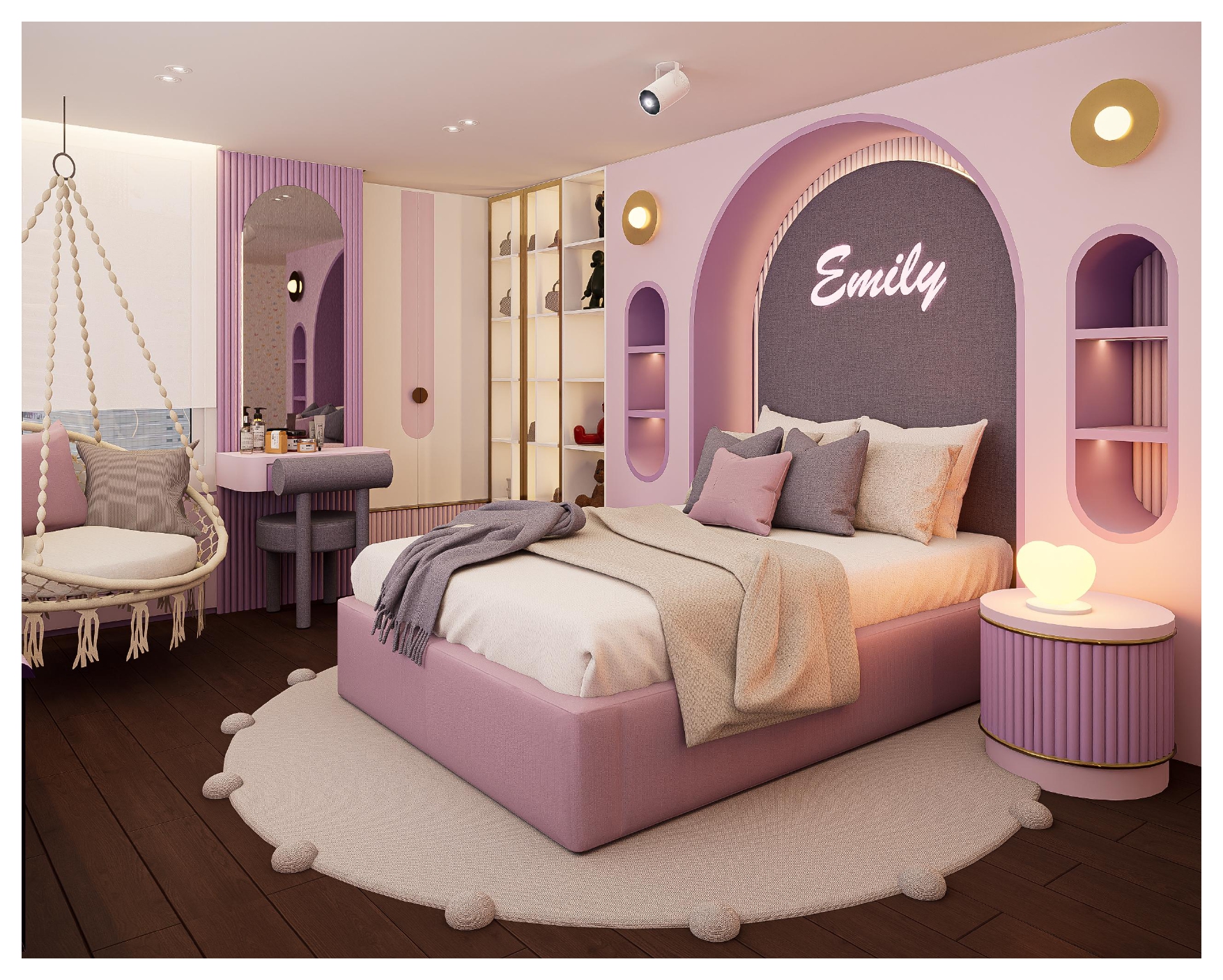 Habitación infantil Emily en tonos rosa y lila con almacenamiento integrado