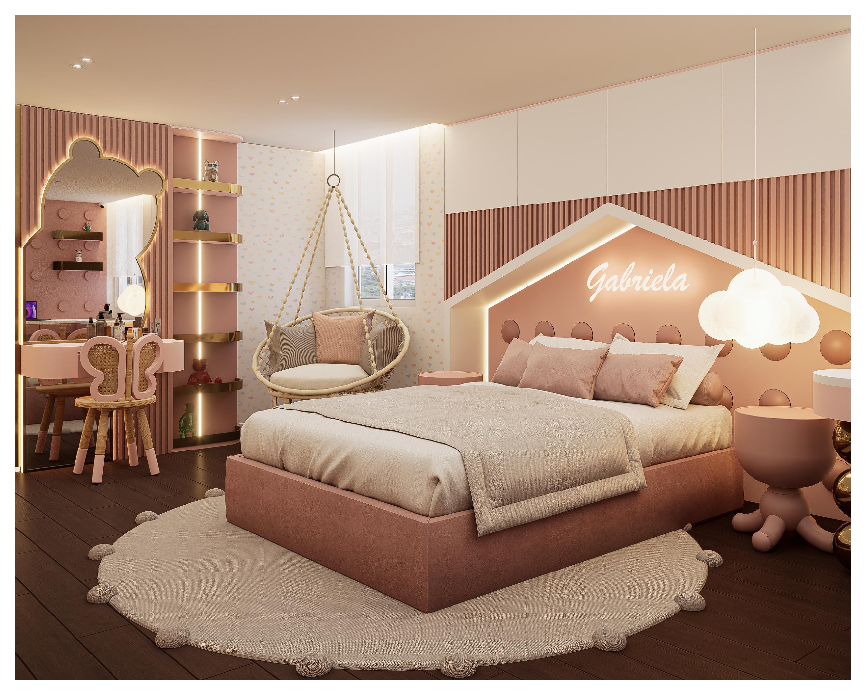 Habitación infantil Gabriela en paleta rosa y terracota con mobiliario a medida