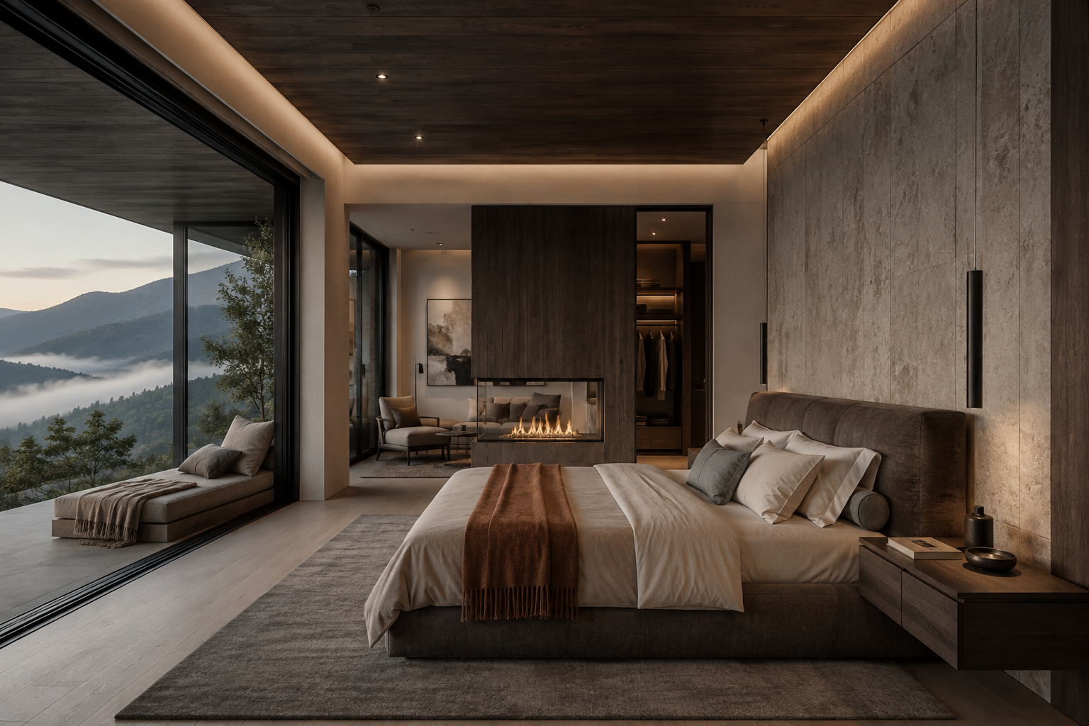 Recámara principal con chimenea, vestidor y vista a la montaña