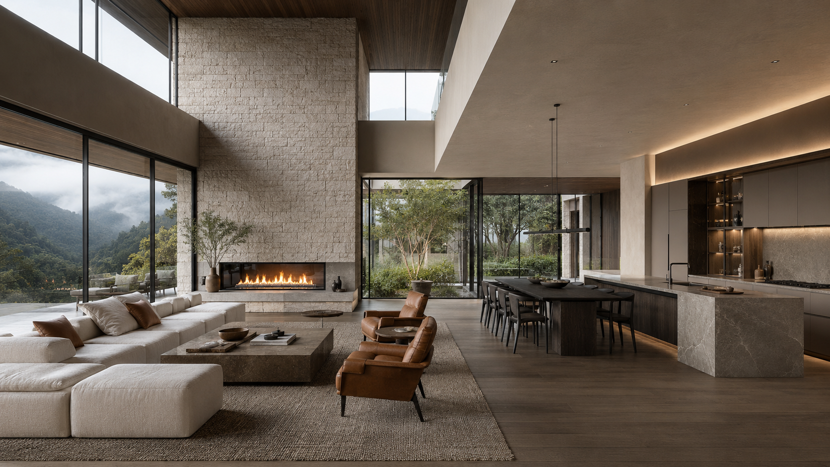 Sala principal con chimenea de piedra, doble altura y vista al jardín