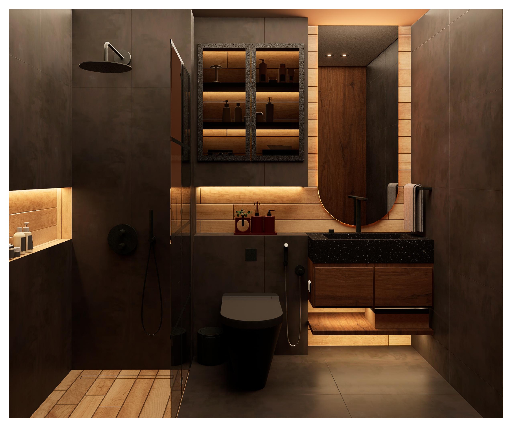 Baño en tonos oscuros con madera, lavabo de piedra negra e iluminación perimetral