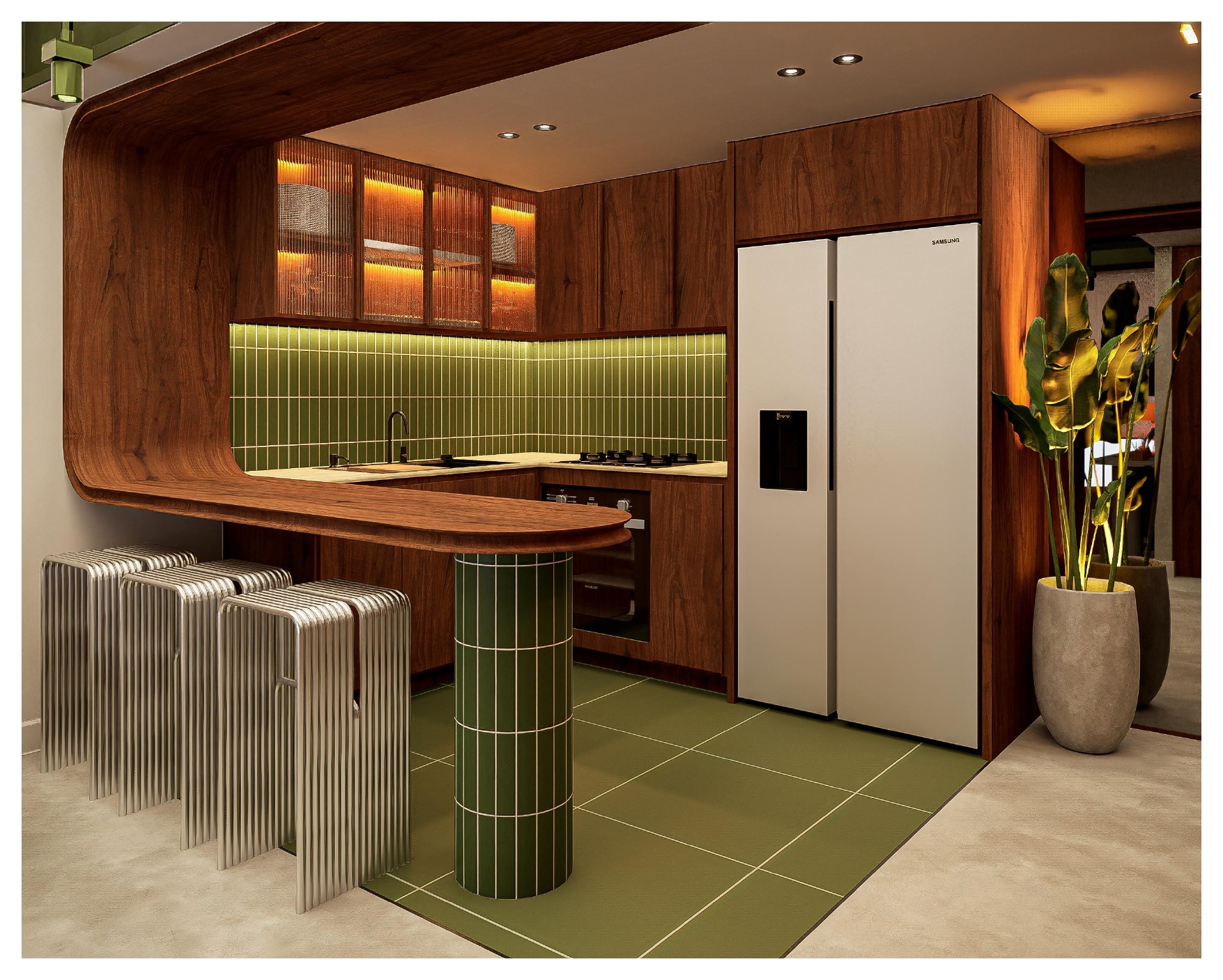 Cocina con azulejo verde, barra curva de nogal y bancos metálicos