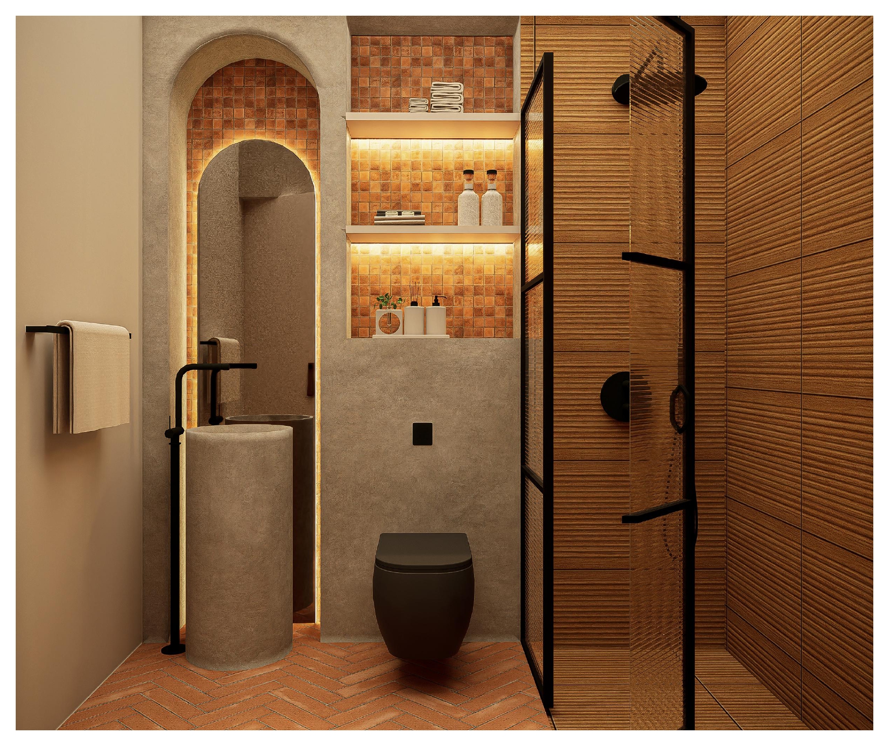 Baño con arcos, mosaico artesanal, lavabo cilíndrico y ducha con paneles de madera