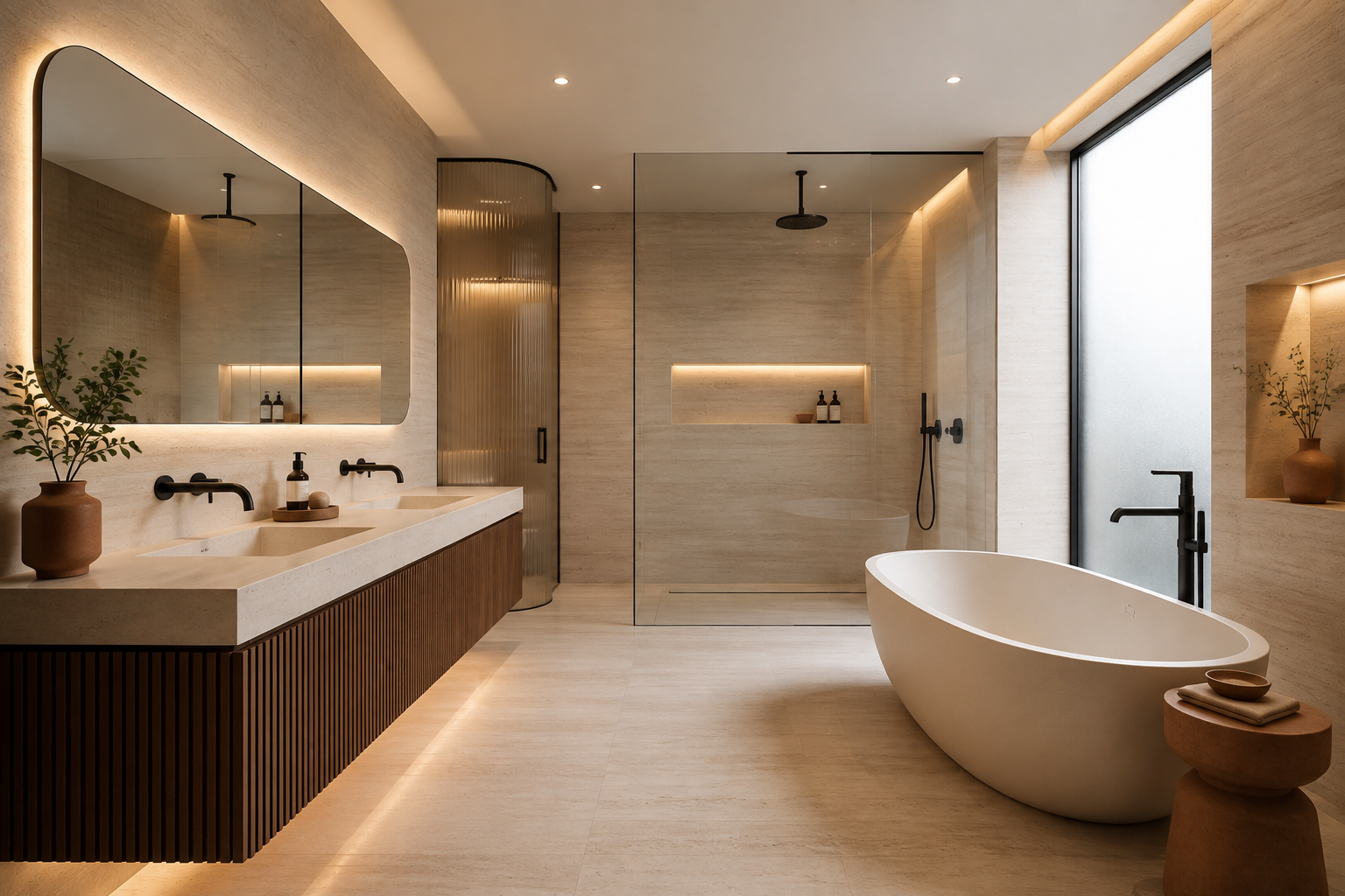 Baño principal en travertino con tina exenta, doble lavabo y grifería negra mate