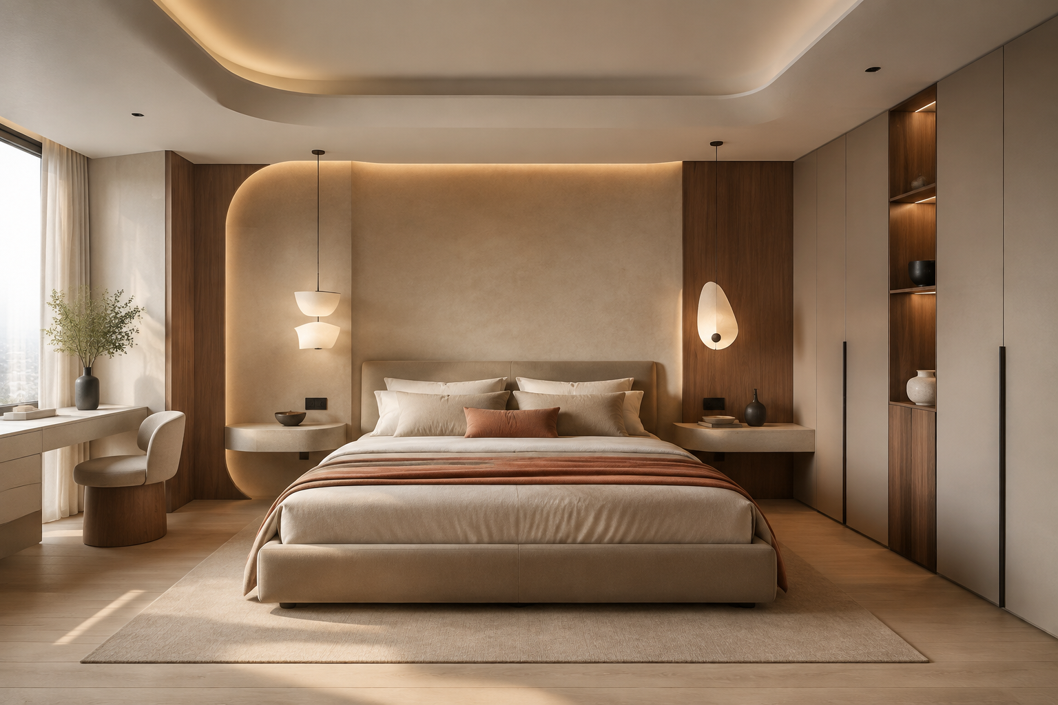 Recámara principal con cabecera curva tapizada, nichos iluminados y paleta crema-terracota